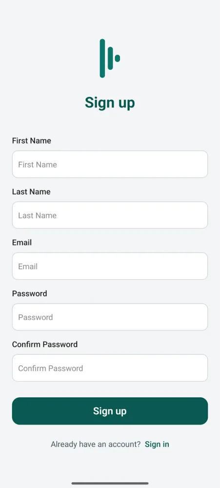 Sign up screen