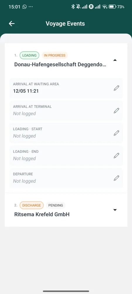 Voyage events screen